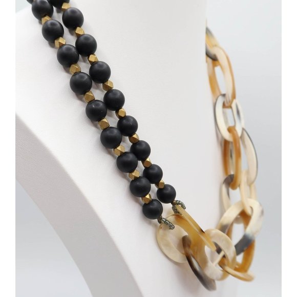 Signed (Okifina?) Boho Chunky Acrylic Chain & Metal Beaded Necklace 23.5" Drop - Picture 2 of 6